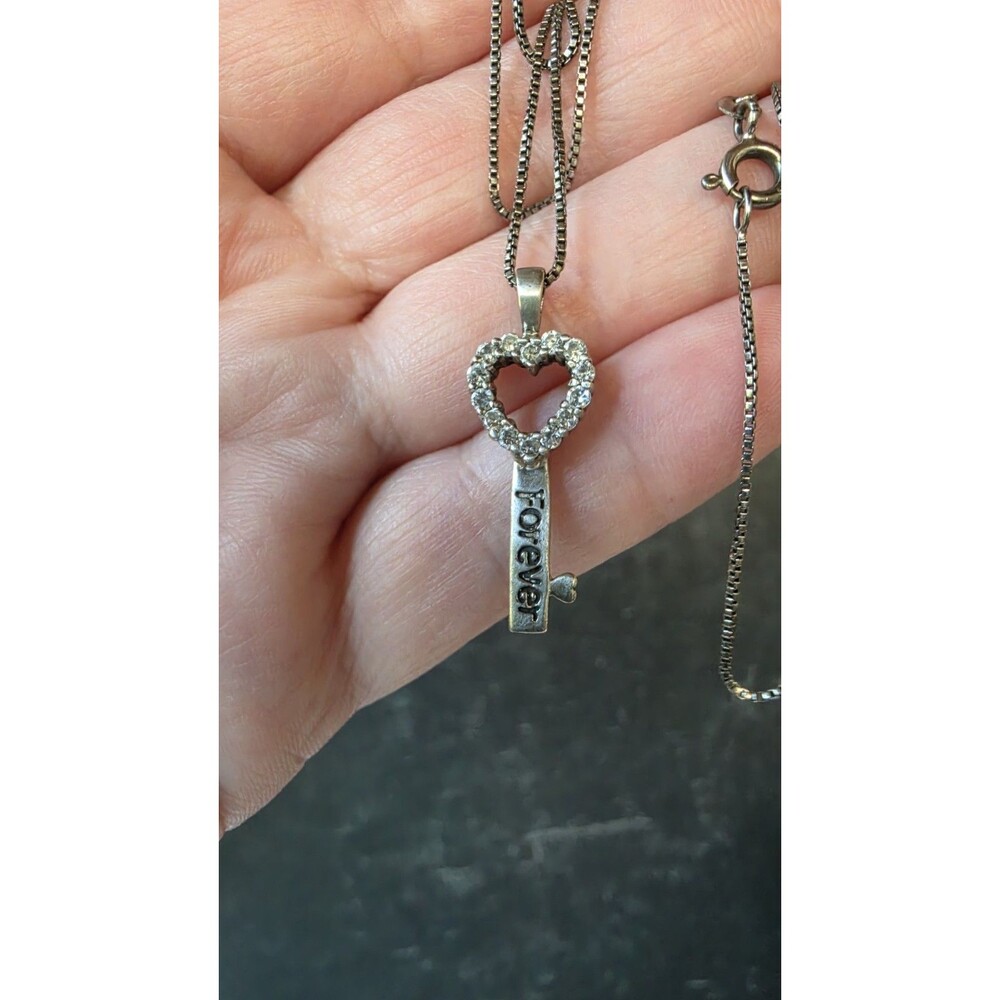 Spanish 925 Sterling Silver CZ Forever Skeleton Key Shaped Pendant Necklace